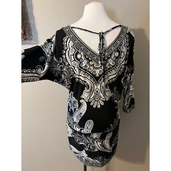 WHBM Mini Dress M Medium Tunic Top Black White Paisley Washable - Picture 2 of 6